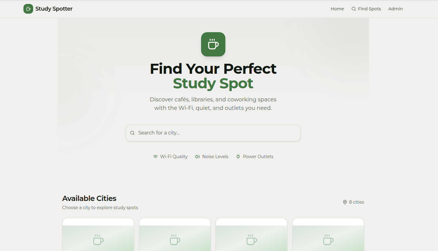 Screenshot of StudySpotter webapp homepage